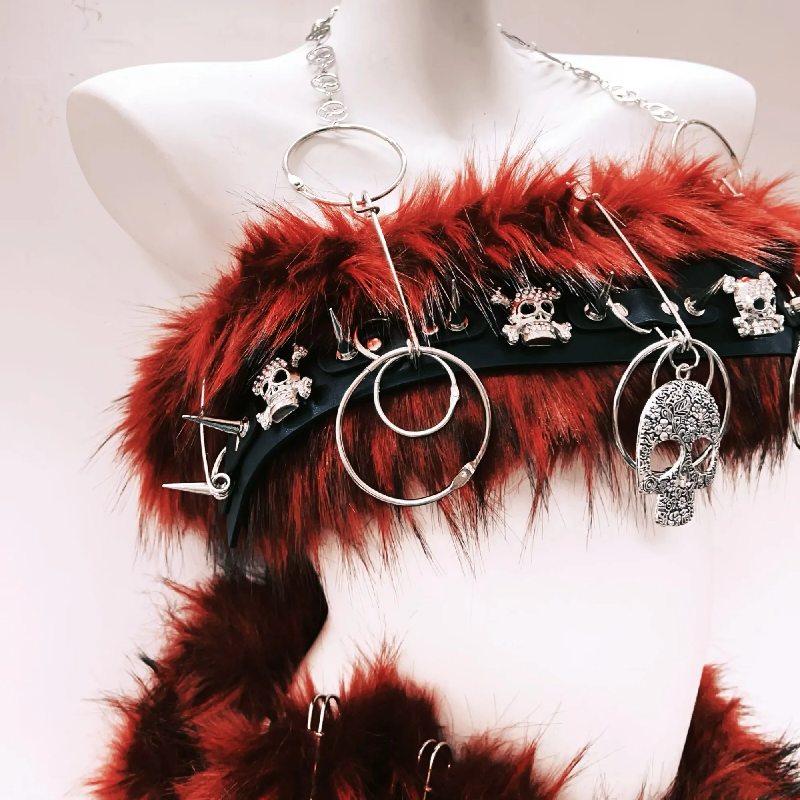 Fierce Faux Fur & Skull 'Dusk' Two-Piece Set: Edgy Halloween & Rave Ready for Women