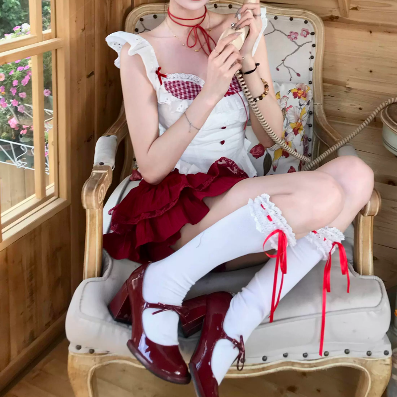 Cap sleeve plaid lace hem bowknot mini skirt set