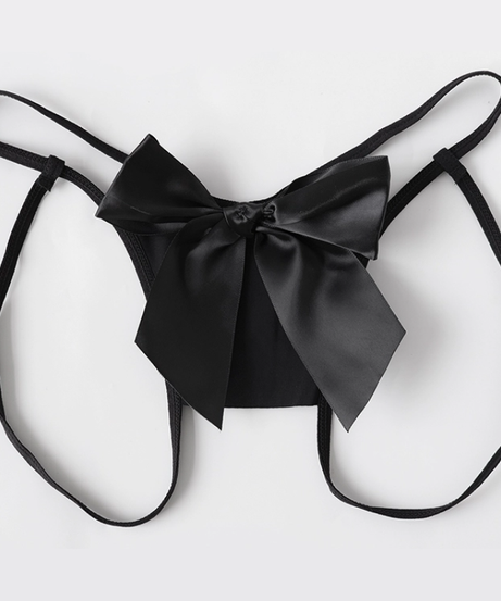 Enchanting Black Satin Bow Open Crotch Thong - Adjustable Fit for Autumn Nights