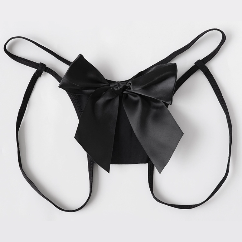 Enchanting Black Satin Bow Open Crotch Thong - Adjustable Fit for Autumn Nights
