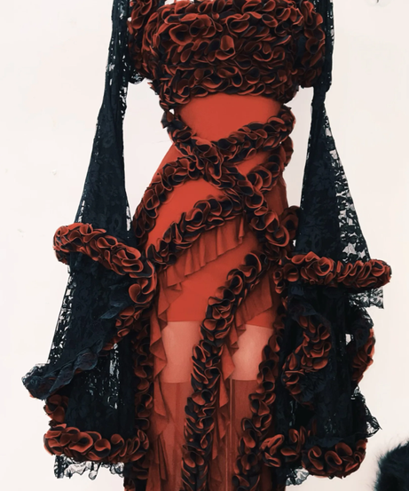 Crimson Enchantress Gown | Dramatic Ruffle & Black Lace Fall & Halloween Statement Dress