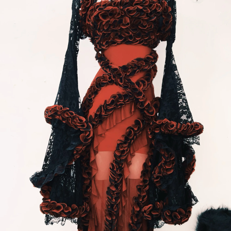 Crimson Enchantress Gown | Dramatic Ruffle & Black Lace Fall & Halloween Statement Dress