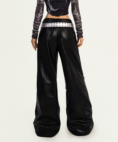 Dare to Be Bold: Women's Y2K Faux Leather Grommet Wide Leg Pants - Edgy Fall & Halloween Style