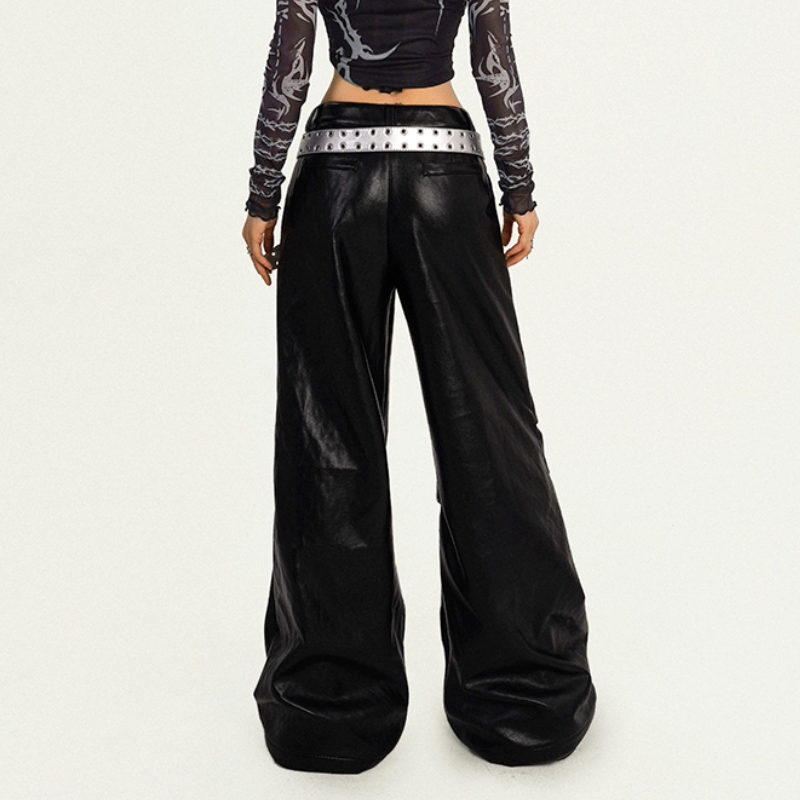 Dare to Be Bold: Women's Y2K Faux Leather Grommet Wide Leg Pants - Edgy Fall & Halloween Style