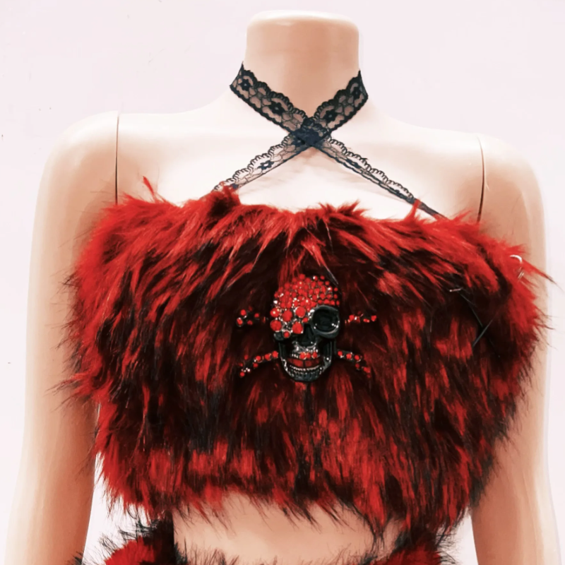 Spooky Chic Crimson Faux Fur Skull Tube Top - Your Ultimate Halloween & Fall Festival Statement