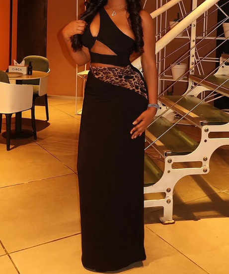 Sultry Leopard Accent One-Shoulder Cut-Out Maxi Dress - Your Go-To for Holiday Glam