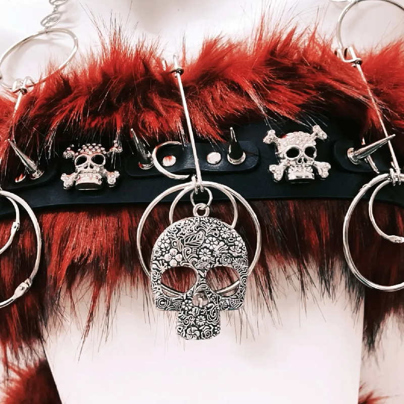 Fierce Faux Fur & Skull 'Dusk' Two-Piece Set: Edgy Halloween & Rave Ready for Women