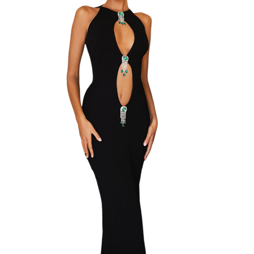 Emerald Elegance Cut-Out Maxi Dress – Dazzling Holiday Gala & New Year's Eve Glamour