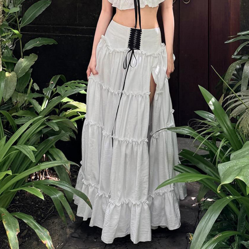 Effortless White Boho Chic Tiered Maxi Skirt with Corset Lace-Up & High Slit