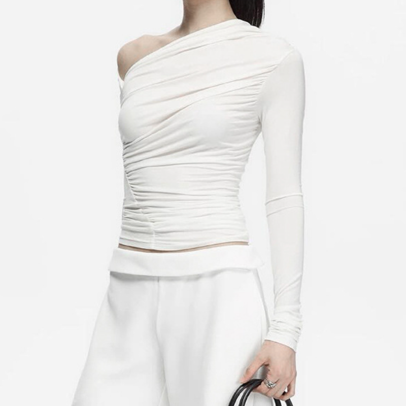 Sophisticated Black One-Shoulder Ruched Long Sleeve Top - Fall & Holiday Ready