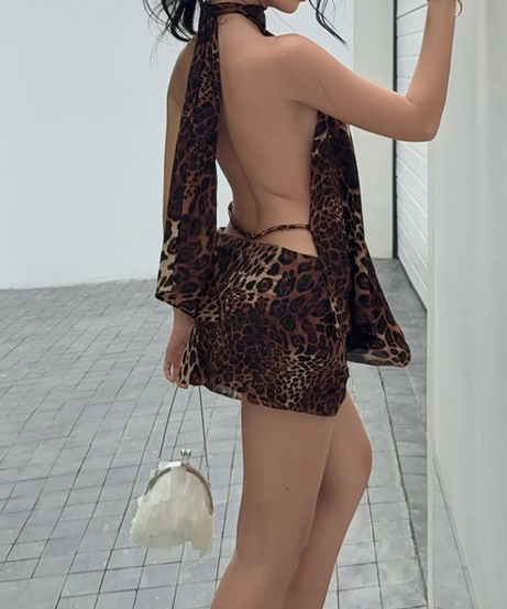 Fierce Leopard Halter Mini Dress: Backless Flowy Top for Fall & Holiday Parties