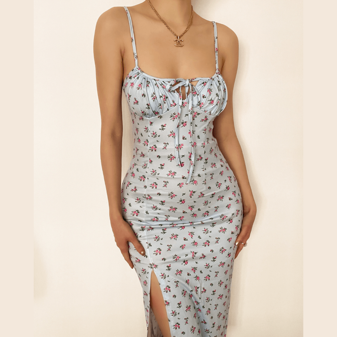 Romantic Blue Floral Midi Slip Dress with Slit - Sweetheart Neck, Perfect for Fall Dates & Resort Getaways