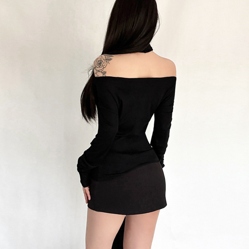 Fall '25 Chic: Black Draped Off-Shoulder Long Sleeve Top | Modern Allure