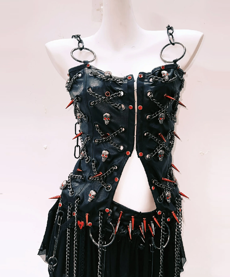 Gothic Punk Spiked Skull Chain Corset & Mini Skirt Set - Unleash Your Halloween & Festival Spirit