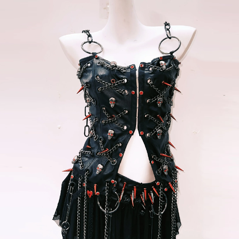 Gothic Punk Spiked Skull Chain Corset & Mini Skirt Set - Unleash Your Halloween & Festival Spirit