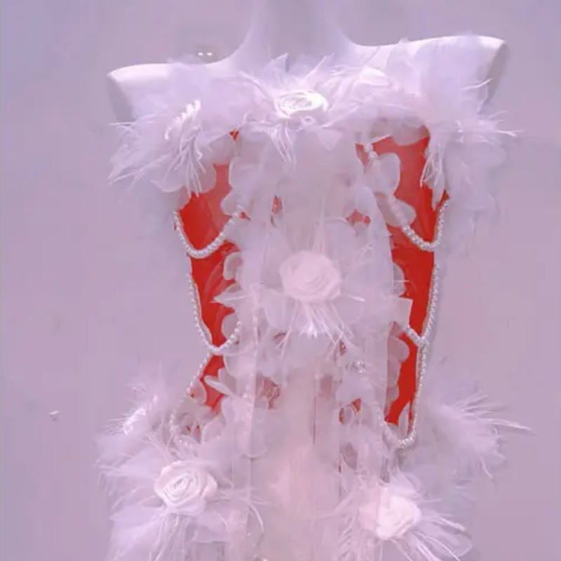 Ethereal Feather & Pearl Illusion Romper Gown - Your Dazzling Holiday & NYE Showstopper!