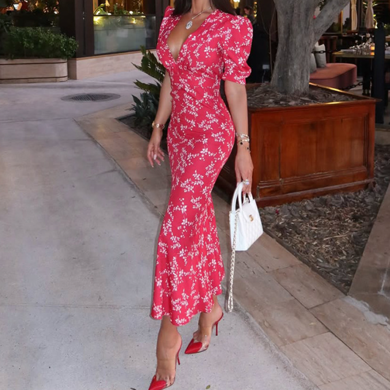 Vibrant Red Floral V-Neck Maxi Dress – Effortless Fall Chic & Holiday Ready