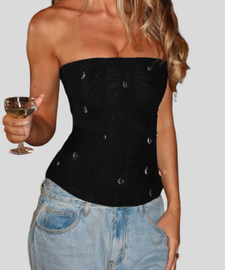 Dazzling Sky Blue Rhinestone Corset Tube Top - Chic Fall & Holiday Glam