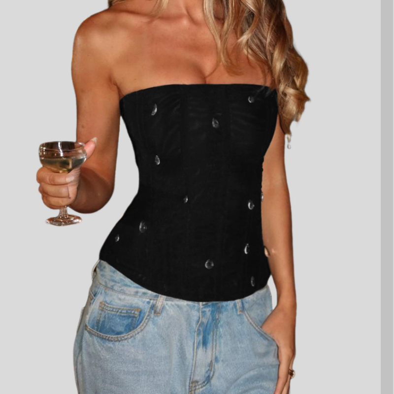 Dazzling Sky Blue Rhinestone Corset Tube Top - Chic Fall & Holiday Glam