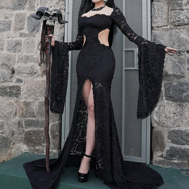 The Raven's Veil: Gothic Lace Off-Shoulder Maxi Gown with Dramatic Bell Sleeves & Seductive Thigh Slit – Halloween & Fall Ready