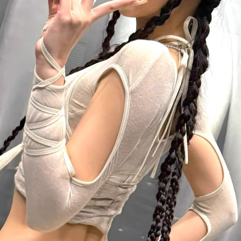 Chic Cut-Out Crop Top & Arm Warmers Set - Trendy Tie Detail Fall Night Out Style