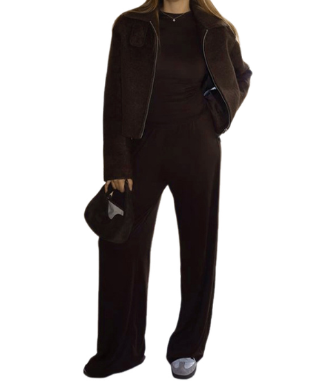 Cozy Fall Comfort: Blush Pink Long Sleeve Top & Wide Leg Pant Lounge Set for Women