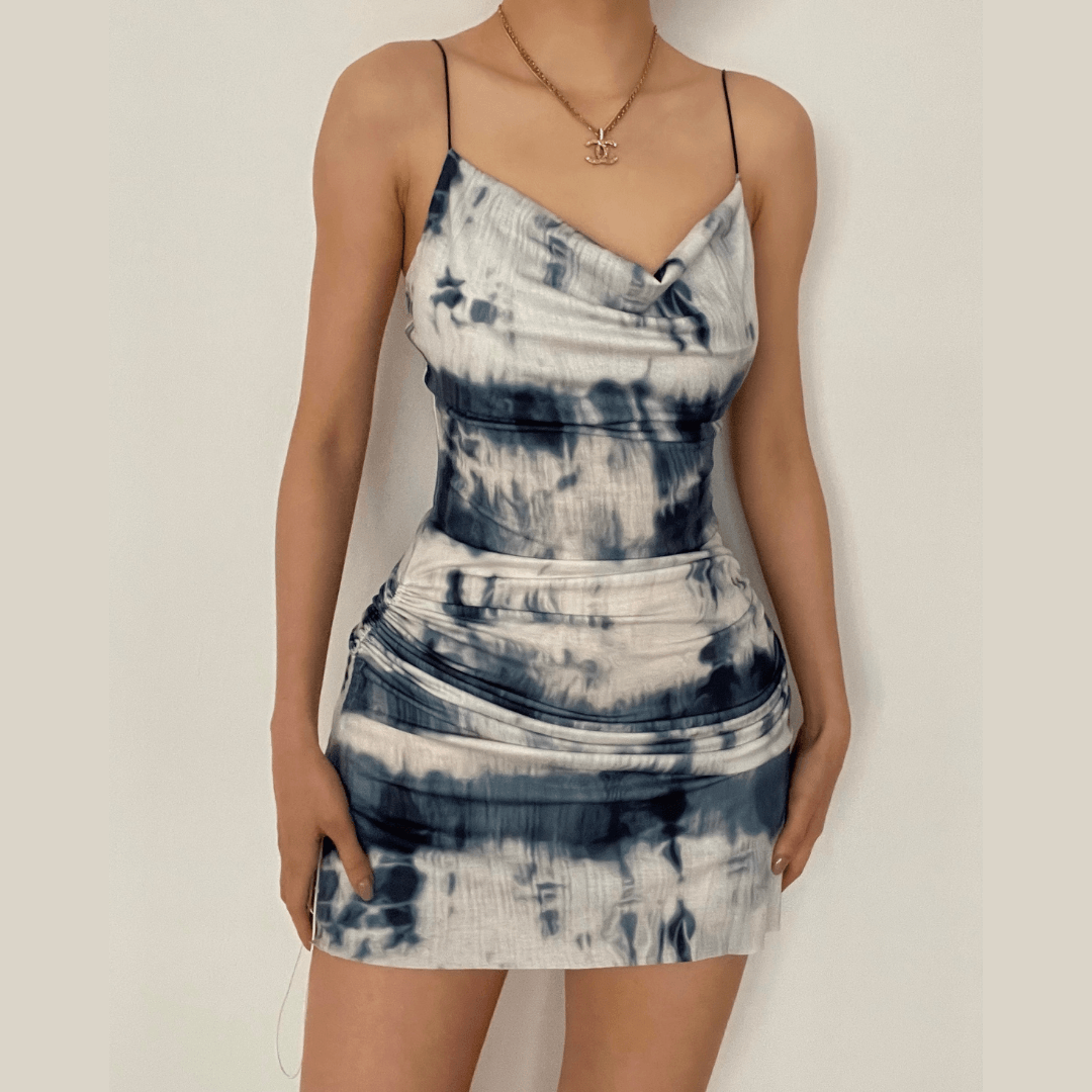 Sultry Indigo Tie-Dye Cowl Neck Bodycon Mini Dress - Perfect for Fall Nights & Parties