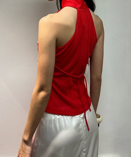 Vibrant Red Halter Keyhole Top: Chic Floral Print for Fall & Holiday Celebrations