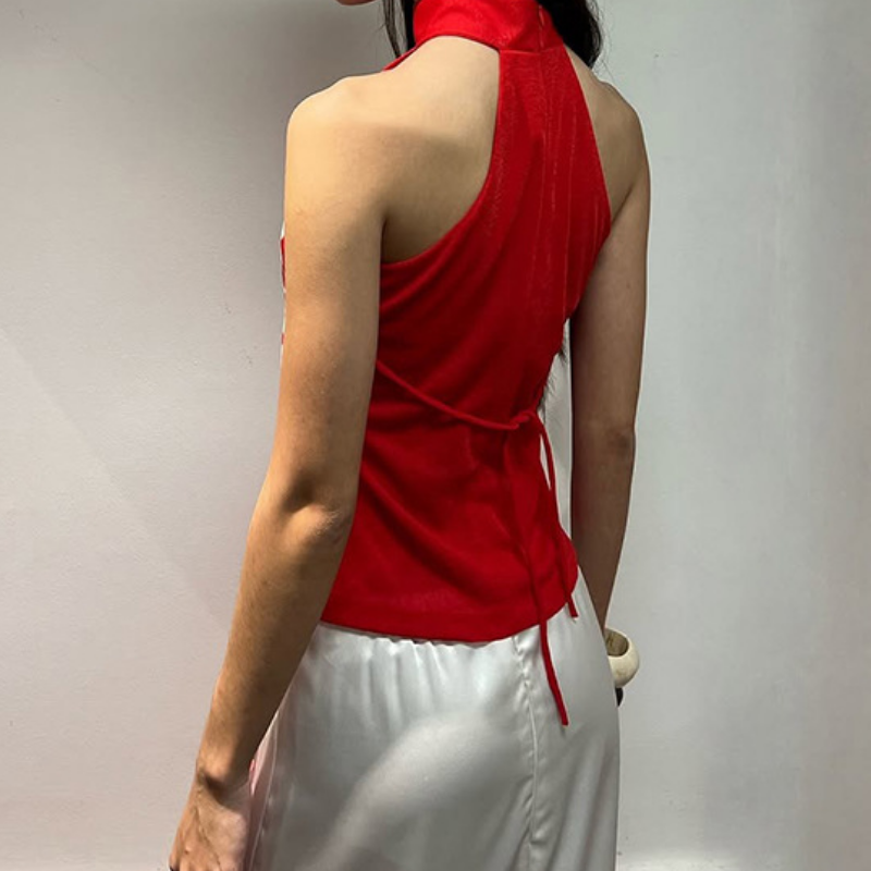 Vibrant Red Halter Keyhole Top: Chic Floral Print for Fall & Holiday Celebrations