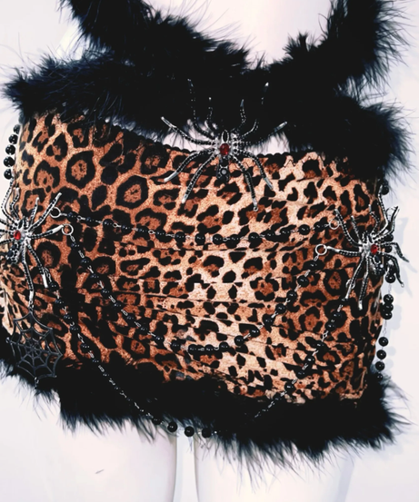Fierce Leopard Spider Fluffy Halter Mini Skirt Set - Spooky Chic Halloween & Party Ready