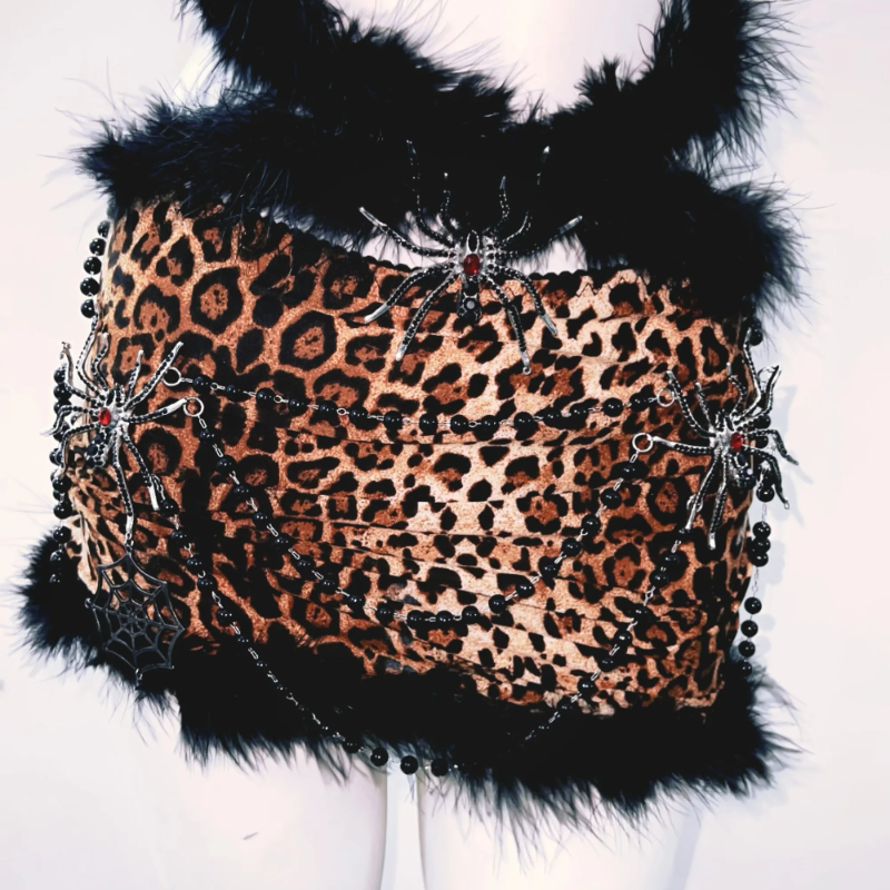 Fierce Leopard Spider Fluffy Halter Mini Skirt Set - Spooky Chic Halloween & Party Ready