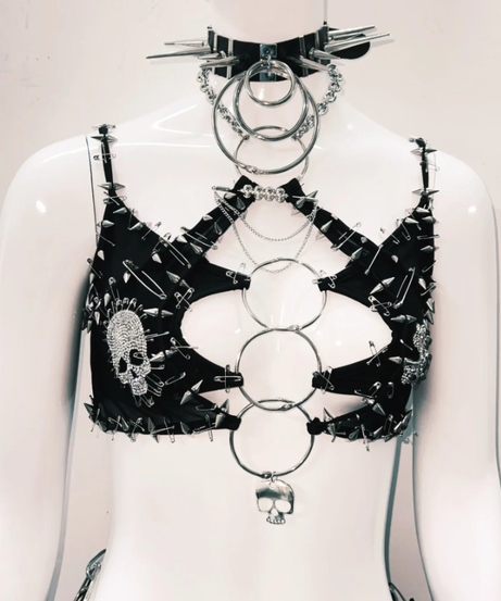 Fierce Spiked Skull O-Ring Cutout Crop Top | Edgy Goth Punk Clubwear & Halloween Statement