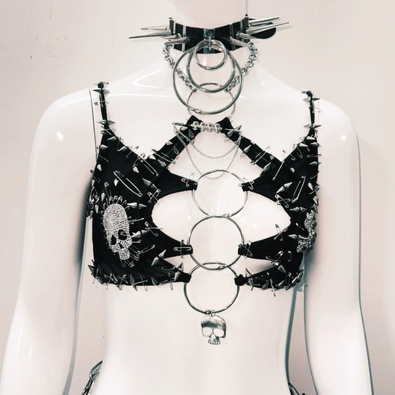 Fierce Spiked Skull O-Ring Cutout Crop Top | Edgy Goth Punk Clubwear & Halloween Statement