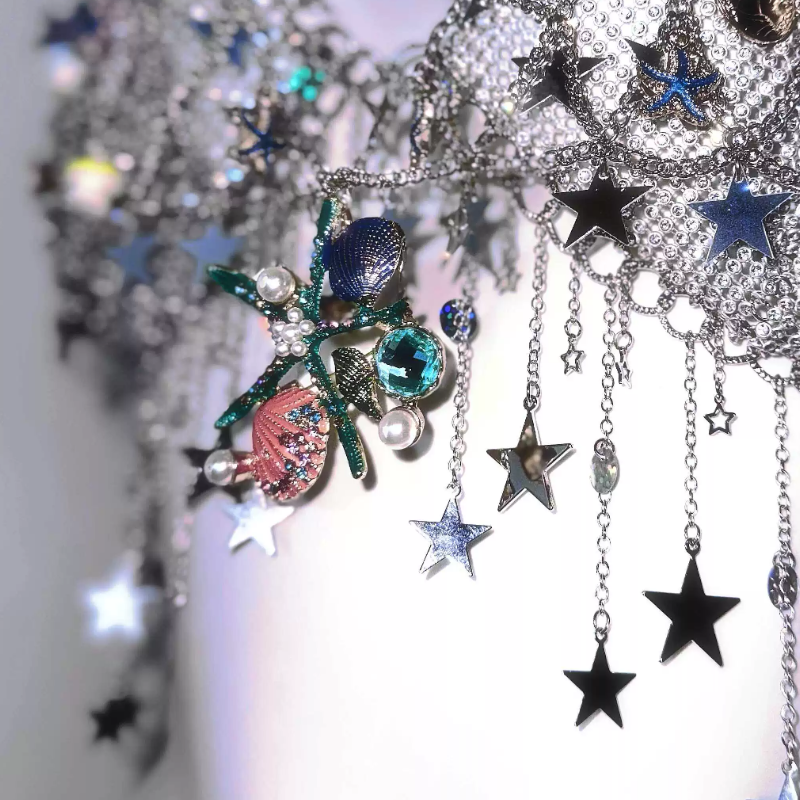 Celestial Siren Chainmail Halter Top – Whimsical Charms, Skeleton Hands & Star Tassels