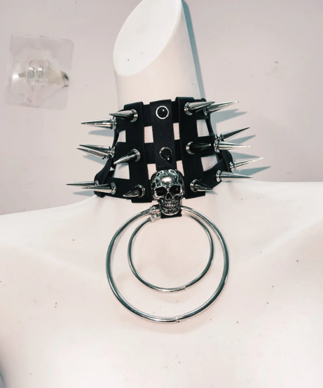 Fierce Goth Punk Spiked Skull Crop Top & Chain Skirt Set - Halloween | Club | Festival