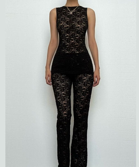 Effortless Elegance: Black Lace Sleeveless Top & Flared Pant Set for Fall & Holiday Glam