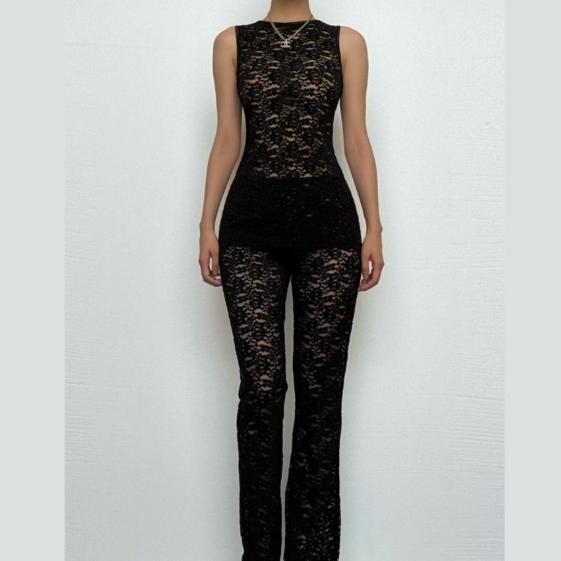 Effortless Elegance: Black Lace Sleeveless Top & Flared Pant Set for Fall & Holiday Glam