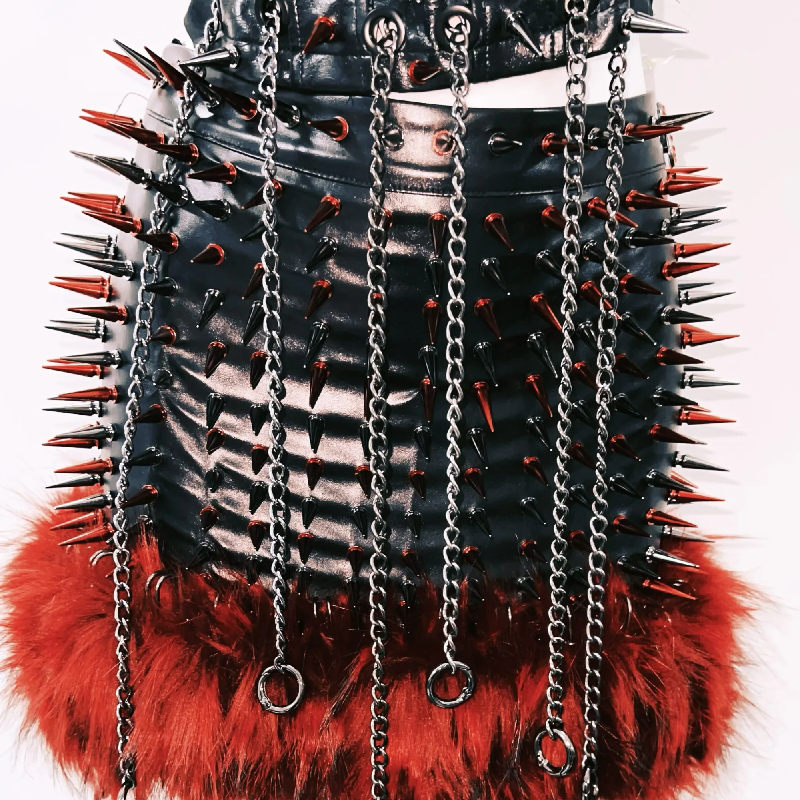 Gothic Glamour: Spiked Red Feather & Chain Corset Top - Your Ultimate Halloween & Concert Statement