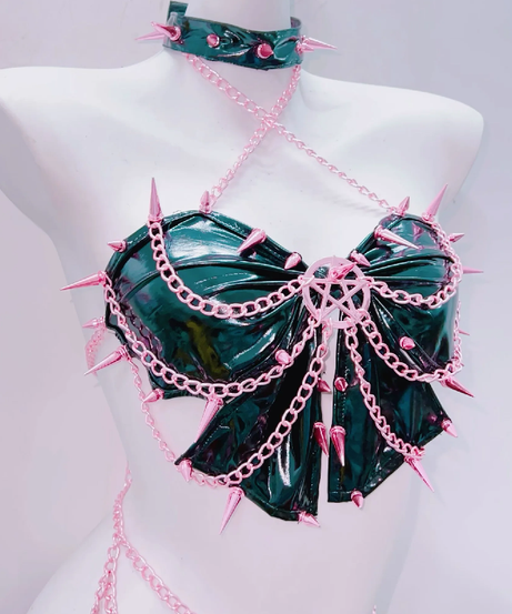Pink Spiked Pentagram Lingerie Set - Patent Leather Halloween Rave Clubwear