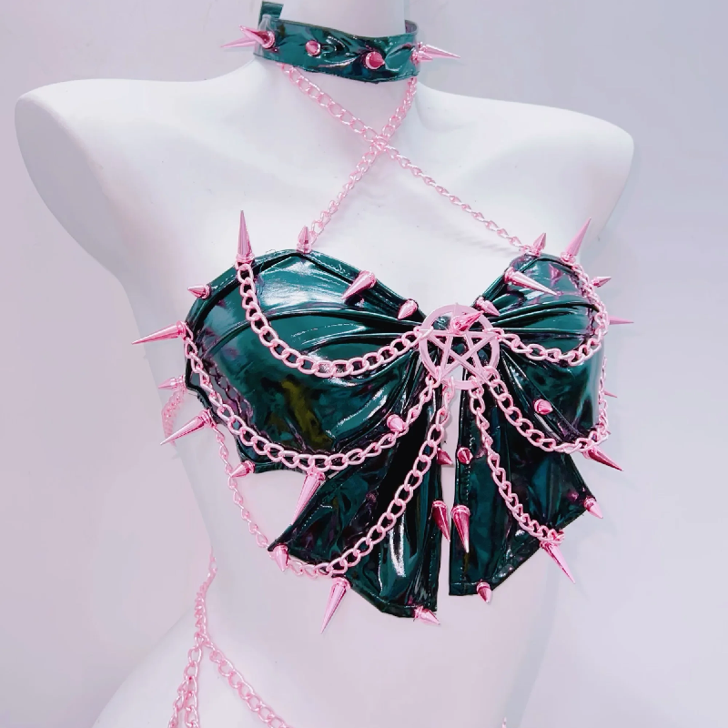 Pink Spiked Pentagram Lingerie Set - Patent Leather Halloween Rave Clubwear
