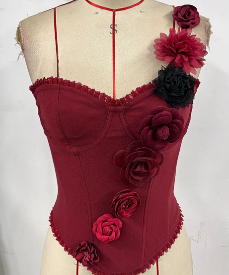 Enchanting Wine Red Floral Corset Top with Delicate Lace & 3D Appliques - Fall & Holiday Ready