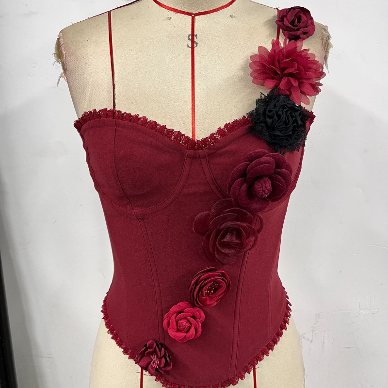 Enchanting Wine Red Floral Corset Top with Delicate Lace & 3D Appliques - Fall & Holiday Ready