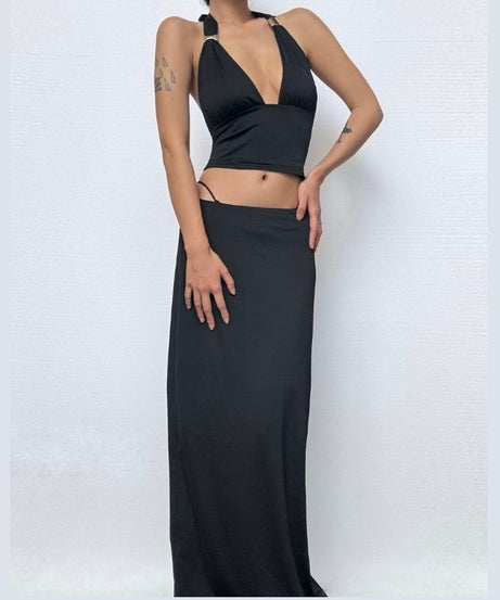 Slinky Black Halter Plunge Crop Top & Maxi Skirt Set - Fall & Holiday Ready