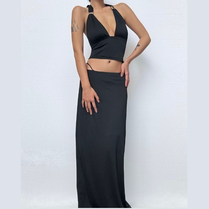 Slinky Black Halter Plunge Crop Top & Maxi Skirt Set - Fall & Holiday Ready
