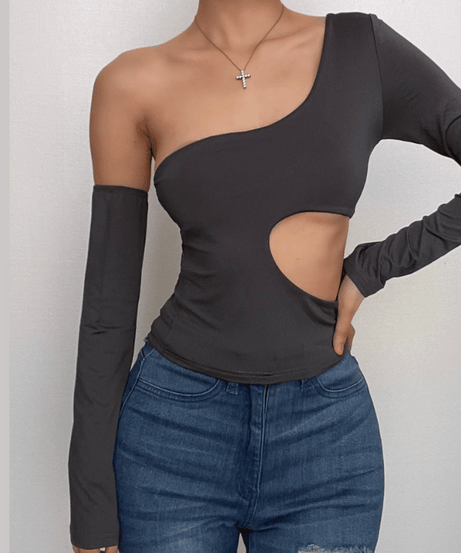 Rebel Chic One-Shoulder Cut-Out Top with Arm Warmer – Your Fall Party Statement