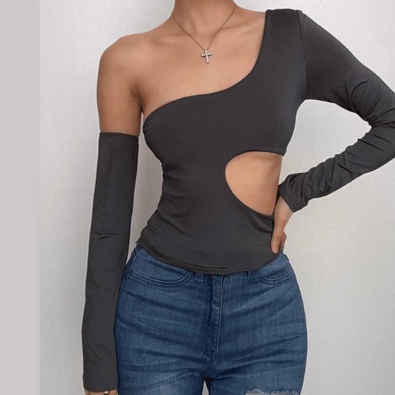 Rebel Chic One-Shoulder Cut-Out Top with Arm Warmer – Your Fall Party Statement
