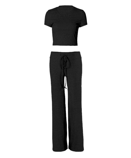 Effortless Fall Style: Cozy Heather Grey 2-Piece Cropped Tee & Wide-Leg Drawstring Pant Set