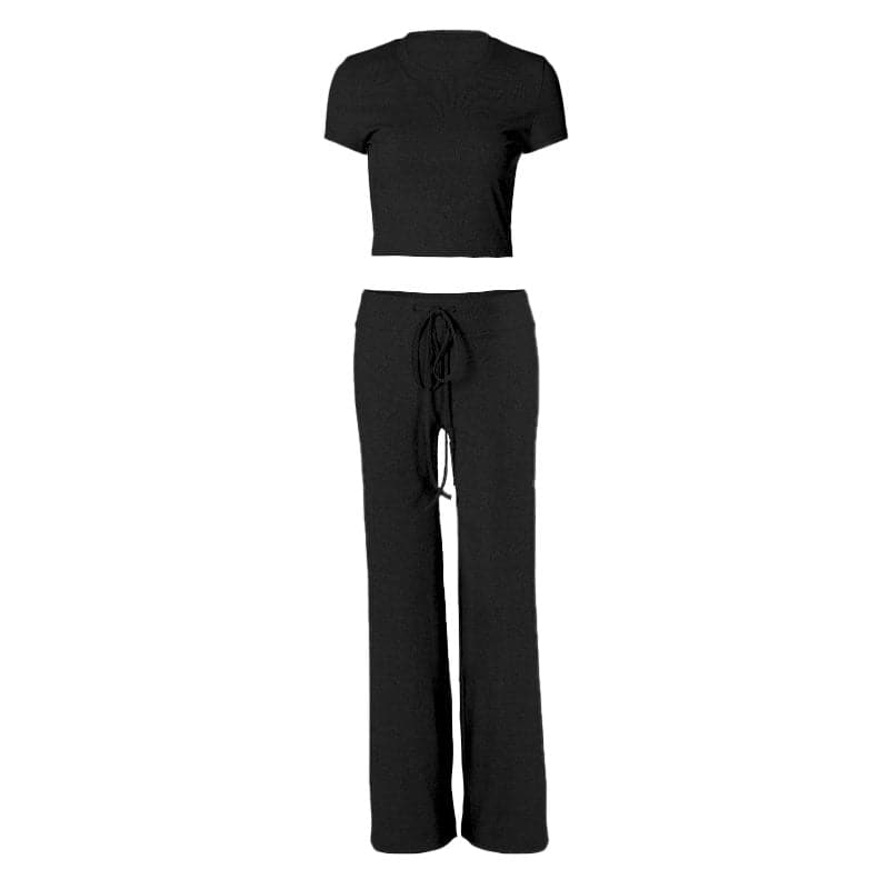 Effortless Fall Style: Cozy Heather Grey 2-Piece Cropped Tee & Wide-Leg Drawstring Pant Set