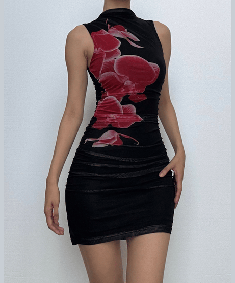 Sultry Orchid Blossom Mock Neck Mini Dress - Black Ruched Mesh for Fall & Holiday Parties