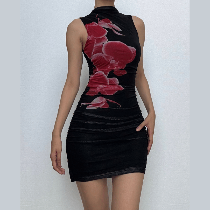 Sultry Orchid Blossom Mock Neck Mini Dress - Black Ruched Mesh for Fall & Holiday Parties
